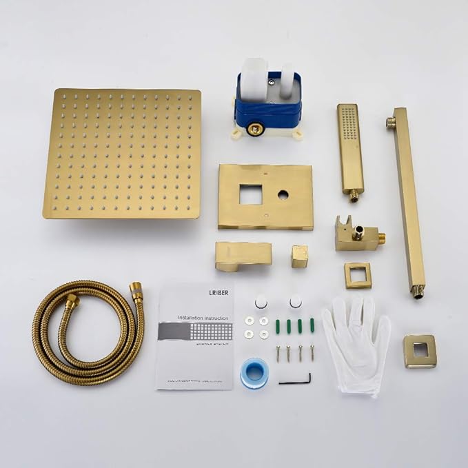 Iriber Brushed Gold Rain Shower System with 10 Inch Shower Head and Handheld Bathroom Wall Mounted Shower Set Contain Shower Faucet Mixer and Trim Kit (Valve Included)