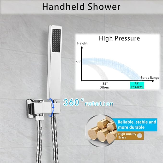 Chrome Shower System YCAIKOI Wall Mount Shower Faucet Set for Bathroom 10 Inch High Pressure Luxury Shower Head with Handheld, Rough-in Valve Body and Trim Included