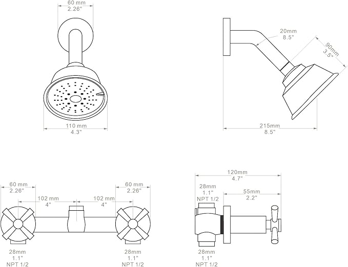 2 Handle Shower Faucet,Wall Mounted Two Handles Shower Faucet Set with 3 Modes Rainfall Shower Head,2 Knobs Single Function Shower Trim Kit with Rough-in Valve,Matte Black,1A3MK