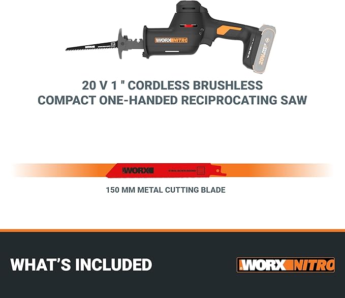 WORX 20V Compact Electric Cordless Reciprocating Saw, 1” Stroke Length, Brushless Motor for 50% Longer Runtime, Lightweight Design for One-handed Operation –Tool Only WX501L.9
