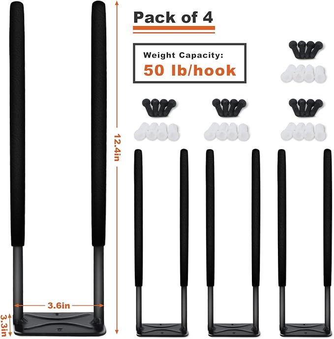 Heavy Duty Garage Tires Hooks Wall Mounted Hanger Tool Organizer Rack Hardware Steel Metal Multi-Tools Storage Utility Hooks with Screws and Anchors(4, Black)