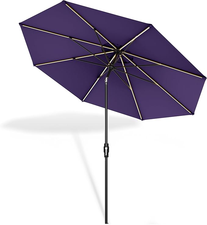 Midtown Umbrellas Led Swilt Sunbrella Umbrella, 8 Foot Patio Umbrella In Sunbrella Bengali Purple Acrylic Fabric - Deck Patio Umbrella, Backyard Umbrella, Garden Umbrella & Pool Umbrella - Black Pole