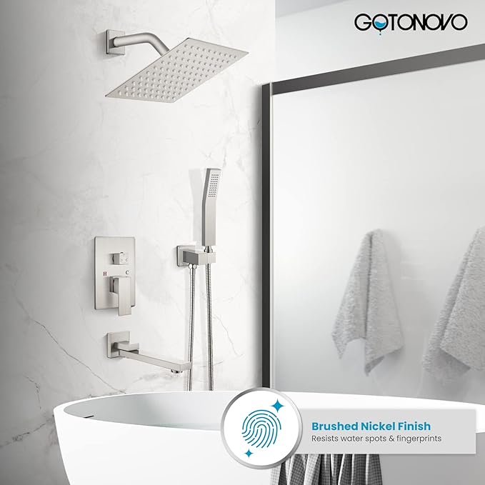 gotonovo Rainfall Tub Shower Faucet Set Bathroom Shower System with Tub Spout Wall Mount Square High Pressure Shower Fixtures with Handheld Sprayer Rough-In Valve 8'' Shower Head,Brushed Nickel