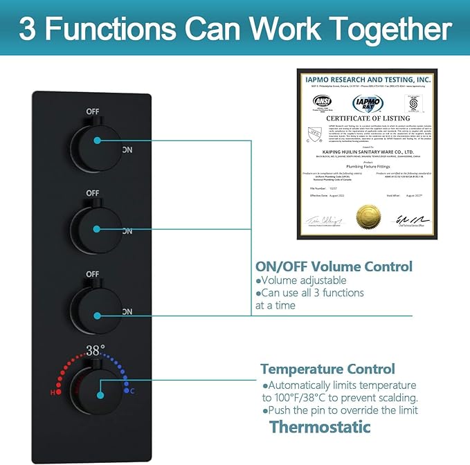 Enga Thermostatic Shower System 16 inch Rain Shower Head with 6 Body Spray Jets, Can Use All Functions At a Time (Volume Adjustable), Matte Black