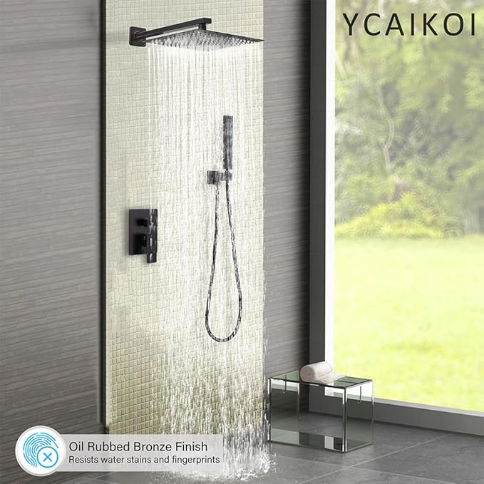 Shower Faucet Set Complete, Wall Mount Shower System for Bathroom 12 Inch High-Pressure Rainfall Shower with Handheld, Rough-in Valve Body and Trim Kit, Oil Rubbed Bronze