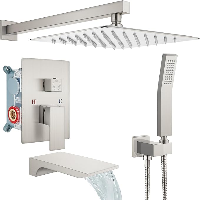 gotonovo Shower System with Tub Spout,Waterfall Tub Shower Faucet Set for Bathroom Head and Handle Set Wall Mounted 3 Function Rough-in Valve and Trim Included 10 inch Shower Head Brushed Nickel