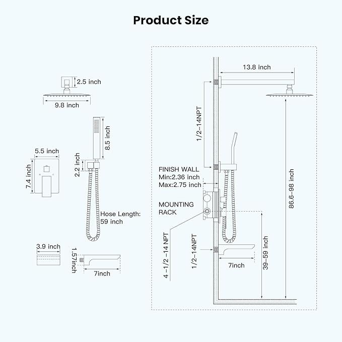 gotonovo Shower System with Tub Spout,Waterfall Tub Shower Faucet Set for Bathroom Head and Handle Set Wall Mounted 3 Function Rough-in Valve and Trim Included 10 inch Shower Head Polished Chrome