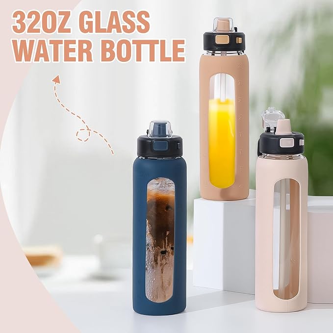 Kodrine 32 oz Glass Water Bottle with Soft Silicone Spout, Locking Lid, and Carry Loop, Pink