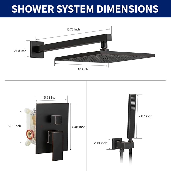 BWE Shower Faucets Sets 10 Inch Square Bathroom Luxury Rain Shower Head with Handheld Spray Wall Mounted Oil Rubbed Bronze Shower System Rough-in Valve Body and Trim Included