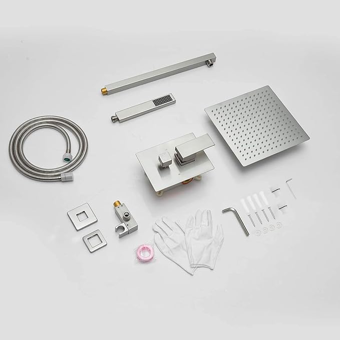 BWE 16 Inch Square Bathroom Luxury Rain Mixer Shower Combo Set Shower Kit Wall Mounted Rainfall Shower Head System Brushed Nickel Shower Faucet Rough-in Valve Body and Trim Included