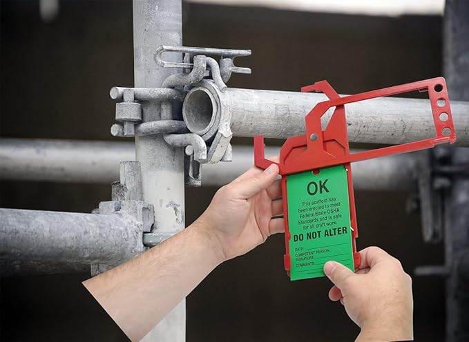 Accuform TSS902 Plastic Secure-Status Tag Holder, Default Legend Danger DO NOT USE Scaffold OR Climber, 10" Length x 3-1/2" Width x 3/8" Thickness, Red