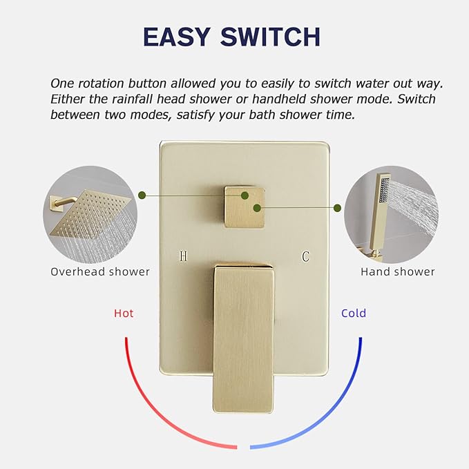 Shower Set Rain Shower System 12 Inch Ultra Large Shower Head High Pressure Brushed Gold Surface Dual Function Shower Vavle Trim Kit for Bathroom Shower Room Remodle