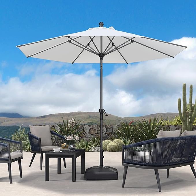 PURPLE LEAF 10' Round Patio Umbrella Outdoor Table Umbrella Aluminum Frame Market Umbrella Sun Umbrella with 8 Sturdy Ribs Tilt for Garden Deck Lawn Pool White