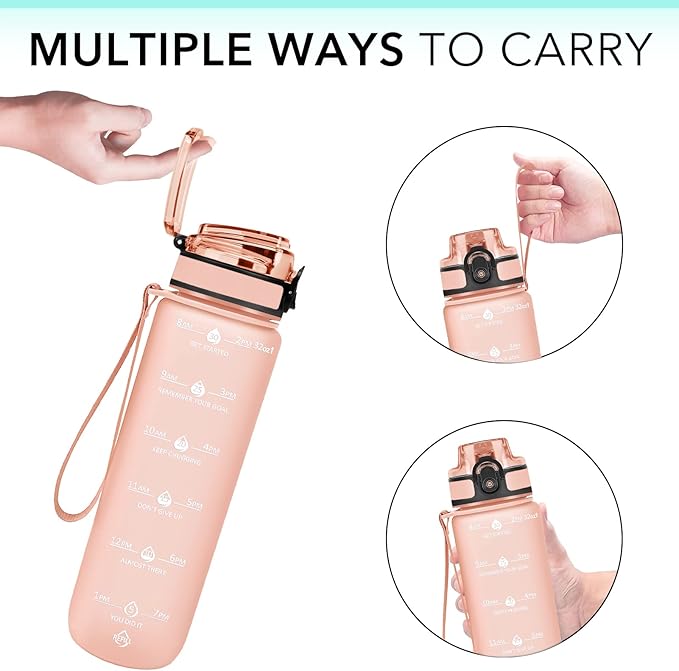 GOSWAG 32oz Motivational Water Bottles with Time Marker and Fruit Strainer, Sports Water Bottle with Times to Drink, Leakproof, Reusable Plastic Bottle with Strap no Straw for Gym, School