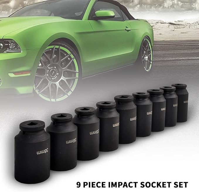 9Pcs 1/2 Inch Drive Deep Impact Socket Set 6 Point Metric 29-38mm Drive Spindle Axle Hub Nut Socket Set, Heavy Duty with Portable Storage Case, Use In Removing And Installing Axle Nuts