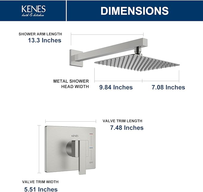 KENES Modern Brushed Nickel Shower Faucet, Square Shower Trim Kit with Single-Spray Shower Head, Shower Trim Systems Wall Mount, KE-6024B (Shower Valve Included)