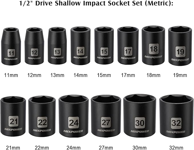 MIXPOWER 14 Pieces 1/2-Inch Drive Shallow Impact Socket Set, 11-32mm, CR-V, Metric, 6 Point, Shallow, 14 Pieces 1/2" Dr. Shallow Socket