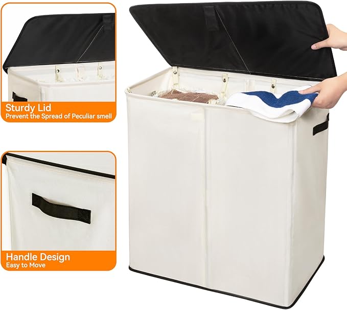 WOWLIVE Laundry Hamper with Lid,160L Large Laundry Basket 3 Section with Removable Washing Bags,Collapsible Waterproof Dirty Clothes Hamper for Laundry Room Bathroom Dorm,Beige