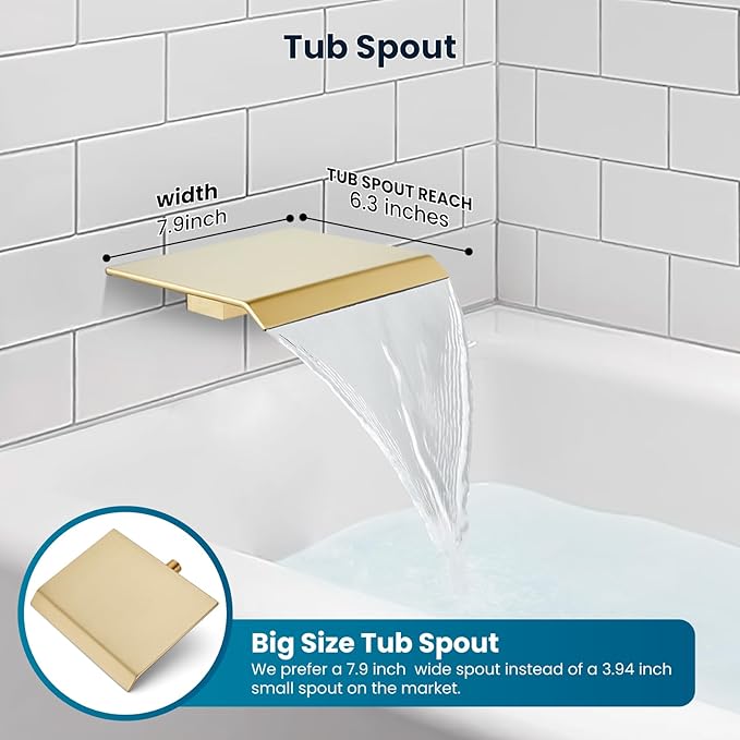 gotonovo Rain Shower Faucet System Set Rainfall Shower Head with Handheld Sprayer Waterfall Tub Spout Wall Mounted Mixer Combo Rough-in Valve and Trim Included 12 Inch Showerhead Brushed Gold