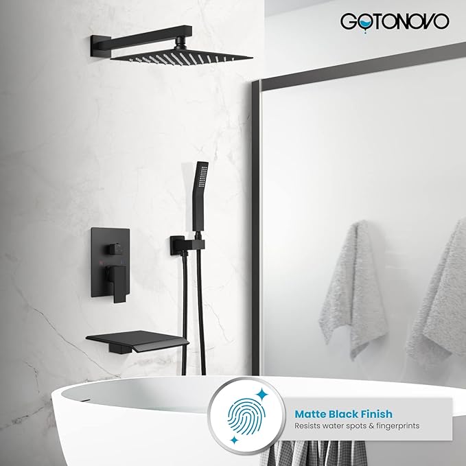 gotonovo Rain Shower Faucet System Set Rainfall Shower Head with Handheld Sprayer Waterfall Tub Spout Wall Mounted Mixer Combo Rough-in Valve and Trim Included 12 Inch Showerhead Matte Black