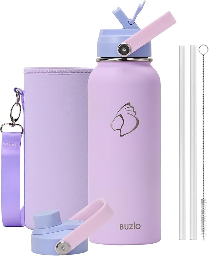 40 oz Insulated Water Bottle with Straw Lid, BUZIO Stainless Steel Water Flask Keep Cold 48h with Carrying Pouch, Lead-Free Double Wall Vacuum Thermo Tumbler Leak Proof Sport Metal Canteen, Purple
