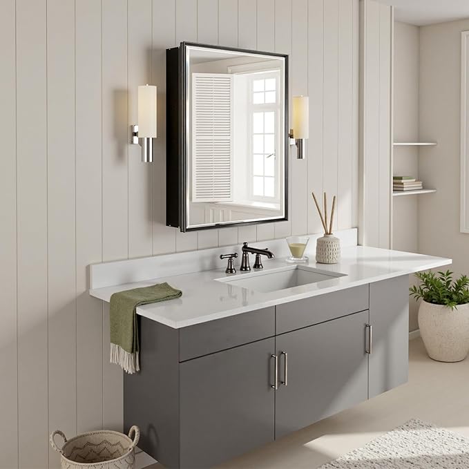 20''x 26'' Black Medicine Cabinet Mirror, Surface or Recessed Aluminum Framed Medicine Cabinet with Beveled Mirror, Full-Assembled, Adjustable Shelves,Reversible Bathroom Mirror with Storage