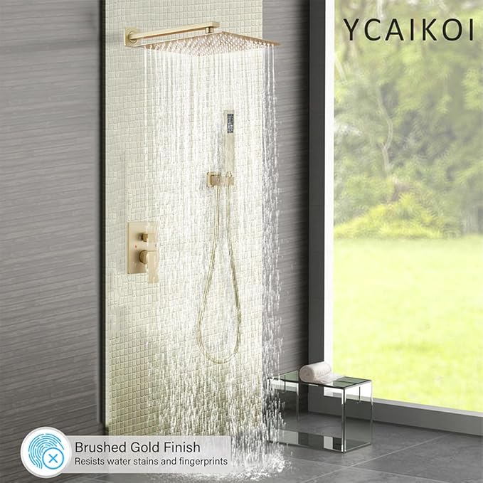 Shower Faucet Set Complete, Wall Mount Shower System for Bathroom 12 Inch High-Pressure Rainfall Shower with Handheld, Rough-in Valve Body and Trim Kit, Brushed Gold