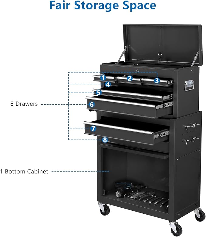 TUFFIOM 8-Drawer Rolling Tool Chest, Tool Storage Cabinet w/Lockable Wheels, Detachable Top, Drawers & Side Hooks, Mechanic Tool Organizer Box for Garage Warehouse Repair Shop