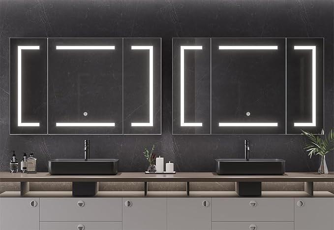 DICTAC Medicine Cabinet with Mirror and LED Light, Wall Mounted Bathroom Mirror with Storage, 2 Doors Bathroom Wall Cabinet, Memory Dimmable 3 Color Temp, Adjustable Shelves, 39.4''x23.6''