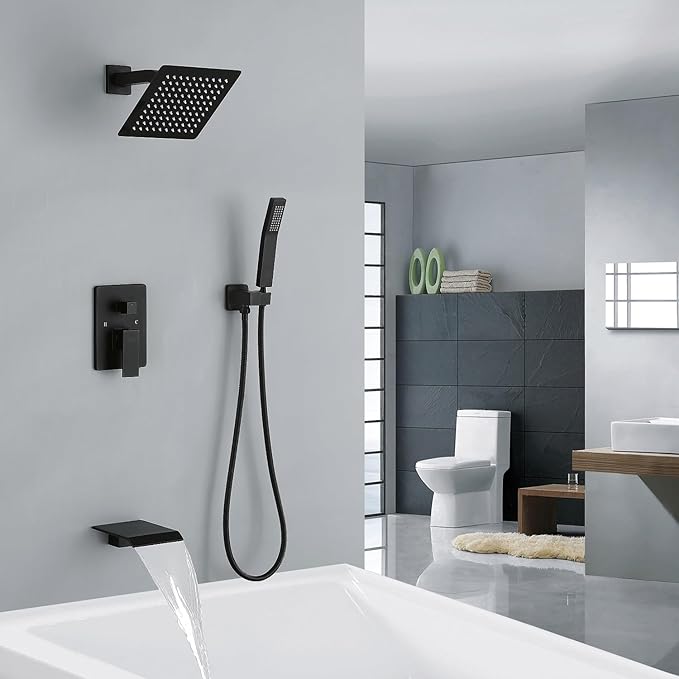 JOYWELL Bathtub Shower System Matte Black with 8 Inch Shower Head and Handheld Shower Tub Faucet Combo