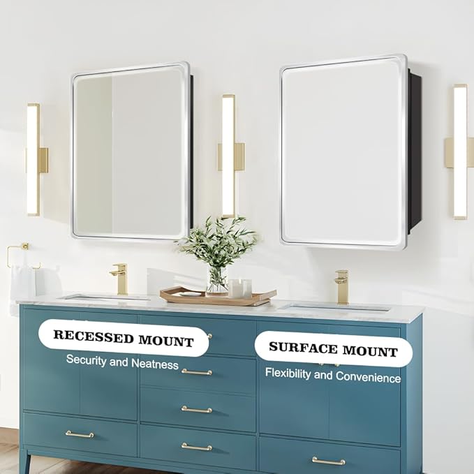 20×28inch Medicine Cabinet,Mirror Cabinet with Beveled Mirror,Solf Close Hinge,Brushed Metal Framed,Detachable Side Plate for Recess Mount or Surface Mount,Silver