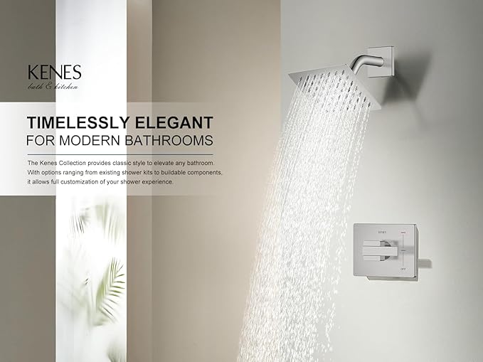 KENES Modern Brushed Nickel Shower Trim Kit, Square Shower Faucet with Single-Spray Stainless Rain Shower Head, Shower Trim Systems Wall Mount, KE-6025B (Shower Valve Included)