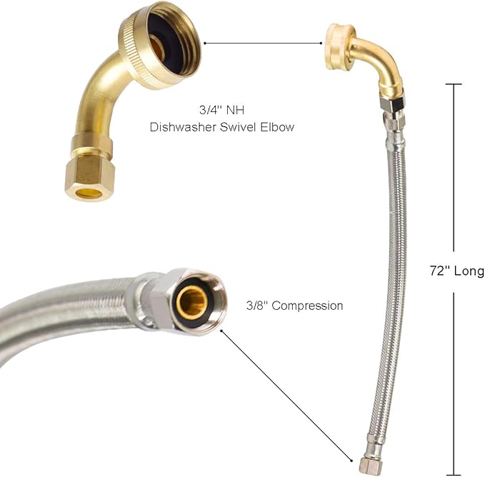 Hydro Master Braided Stainless Steel Dishwasher Connector with Elbow 72 inches 3/8" Comp x 3/8" Comp