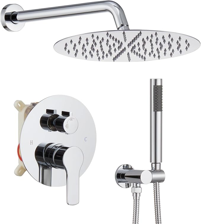 Iriber Chrome Shower System Wall Mounted Shower Faucet Mixer Set with 12 Inches Round Rain Shower head and Handheld, Bathroom Rainfall Polished Chrome Shower Trim Kit Contain Valve