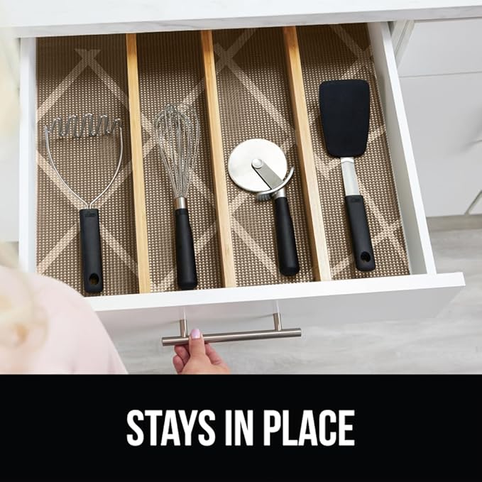 Gorilla Grip powerGRIP Drawer Shelf and Cabinet Liner, Thick Strong Hold, Non-Adhesive Liners Protect Kitchen Cabinets and Cupboard, Bathroom Drawers, Easy Install, Breathable Mat, 17.5" x30', Beige