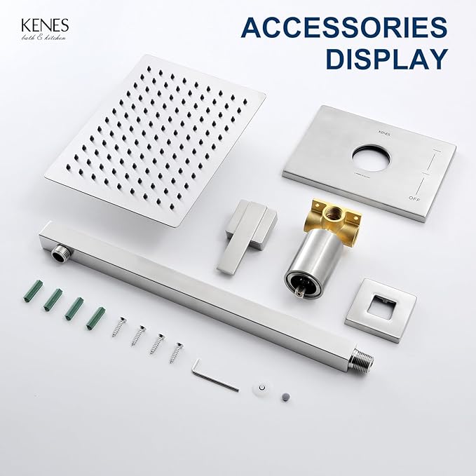 KENES Modern Brushed Nickel Shower Faucet, Square Shower Trim Kit with Single-Spray Shower Head, Shower Trim Systems Wall Mount, KE-6024B (Shower Valve Included)