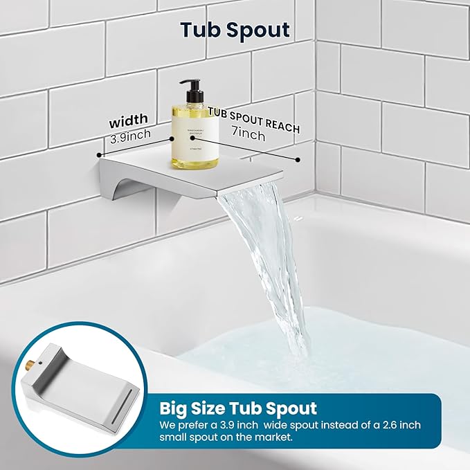gotonovo Shower System with Tub Spout,Waterfall Tub Shower Faucet Set for Bathroom Head and Handle Set Wall Mounted 3 Function Rough-in Valve and Trim Included 10 inch Shower Head Polished Chrome