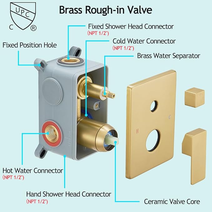 Shower Faucet Set Complete, Wall Mount Shower System for Bathroom 12 Inch High-Pressure Rainfall Shower with Handheld, Rough-in Valve Body and Trim Kit, Brushed Gold