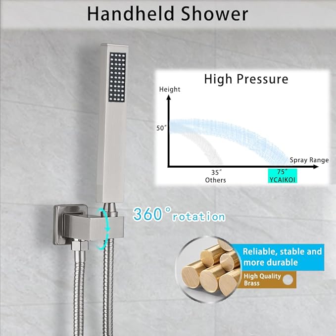 Brushed Nickel Shower System YCAIKOI Wall Mount Shower Faucet Set for Bathroom 10 Inch High Pressure Luxury Shower Head with Handheld, Rough-in Valve Body and Trim Included
