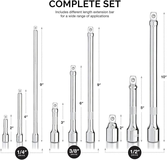NEIKO 00249A Wobble Extension Bar Set | 9 Piece | 1/4”, 3/8”, 1/2” Drives | Cr-V Steel