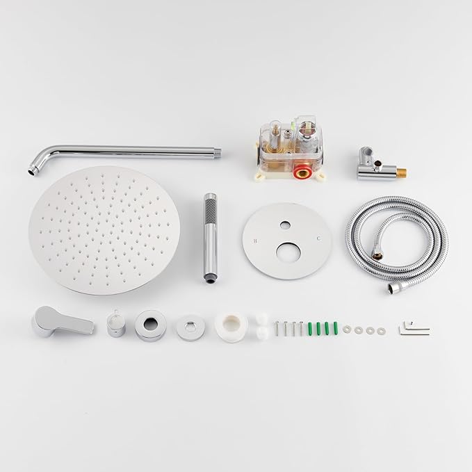 Iriber Chrome Shower System Wall Mounted Shower Faucet Mixer Set with 12 Inches Round Rain Shower head and Handheld, Bathroom Rainfall Polished Chrome Shower Trim Kit Contain Valve