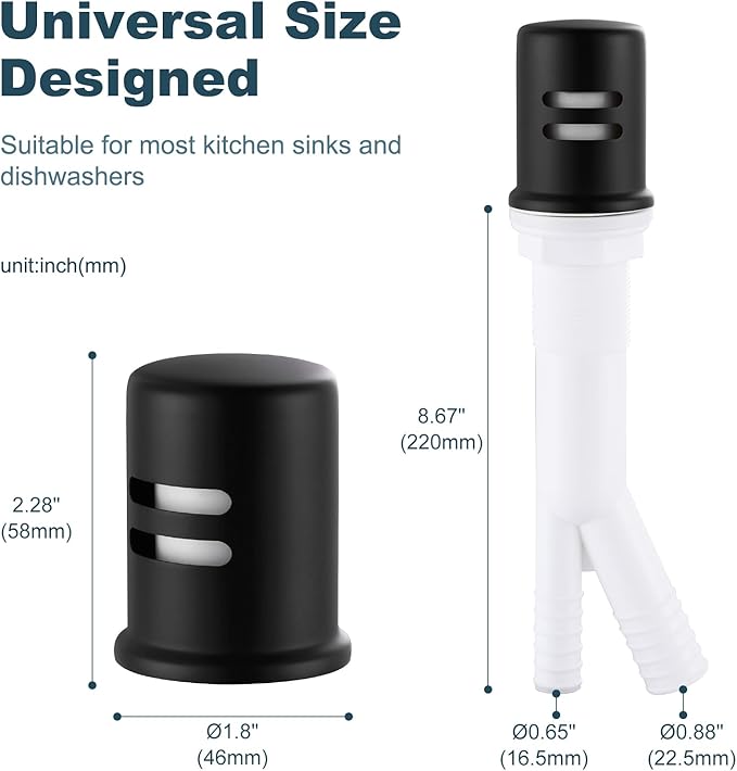 Dishwasher Air Gap Cover, Dishwasher Air Gap Cap for Kitchen Sink, Solid Brass Dishwasher Overflow Vent Cap Replacement Kit, Matte Black