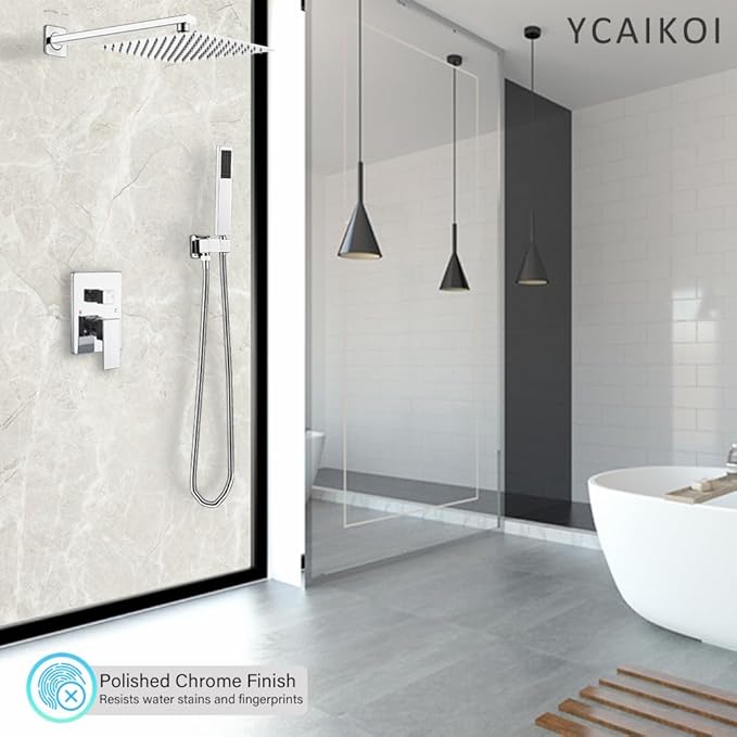 Chrome Shower System YCAIKOI Wall Mount Shower Faucet Set for Bathroom 10 Inch High Pressure Luxury Shower Head with Handheld, Rough-in Valve Body and Trim Included