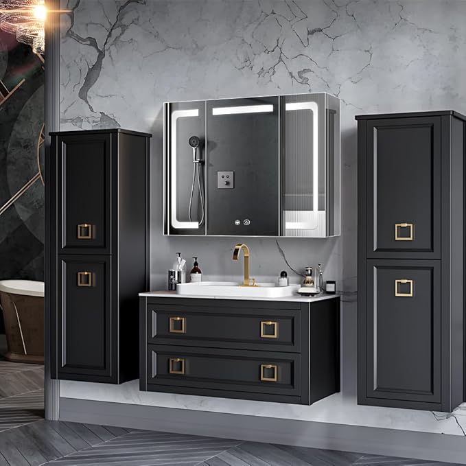 Stainless Steel LED Medicine Cabinet,Bathroom Mirror Cabinet with Light,3 Color,Dimmable,Equipped with Defogger,USB Shavor Socket,Internal Light,36×32 Inch