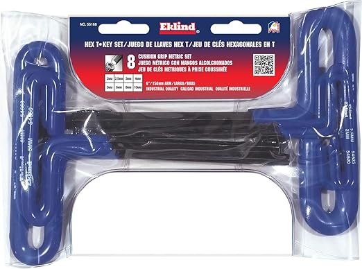 EKLIND 55168 Cushion Grip Hex T-Key allen wrench - 8pc set Metric MM sizes 2-10 (6In shaft)