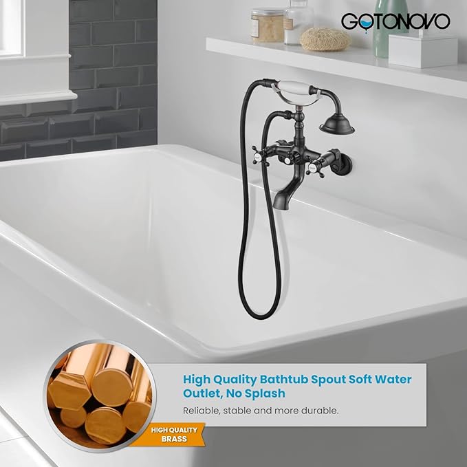 gotonovo Clawfoot Bathtub Faucet Tub Filler with Hand Held Shower Faucet Set Victorian Double Cross Handle 6 Inch Center Adjustable Swing Arms Tub Mount Short Adapter Oil Rubbed Bronze