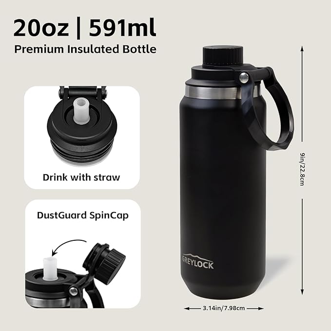Greylock 20 oz Black Water Bottle Insulated with Straw Lid, Reusable Metal Water Bottle Stainless Steel with Carry Handle for Travel,Sports, BPA-Free Leak Proof When Closed, Cold for 24 Hours