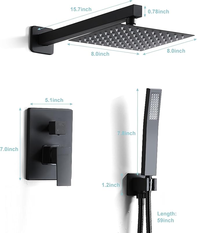 Matte Black Shower Head and Handle Set 8 Inch, Rain Shower Head with 2 Hooks, Luxury Rain Shower Set Square Wall Mount for Bathroom with Rain Shower and Handheld Shower System