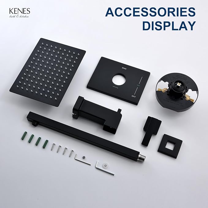 KENES Modern Matte Black Shower Faucet Set, Tub and Shower Trim Kit With Single-Spray Head, Square Faucet, KE-6024A-2 (Valve Included)