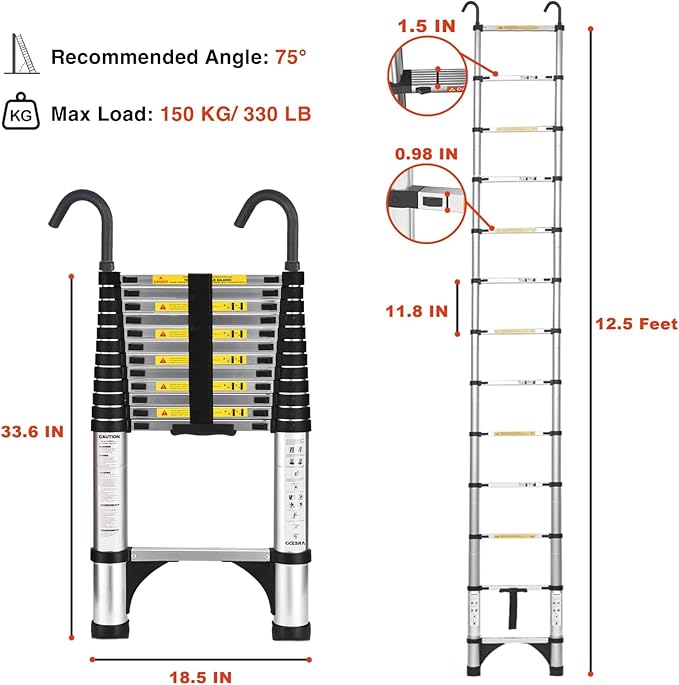 Telescoping Ladder, 12.5 FT Aluminum Lightweight Extension Ladder with 2 Stable Hooks, 2 Triangle Stabilizers & Non-Slip Feet, Heavy Duty 330 Lbs Max Capacity, Ideal for Home, RV & Outdoor Work